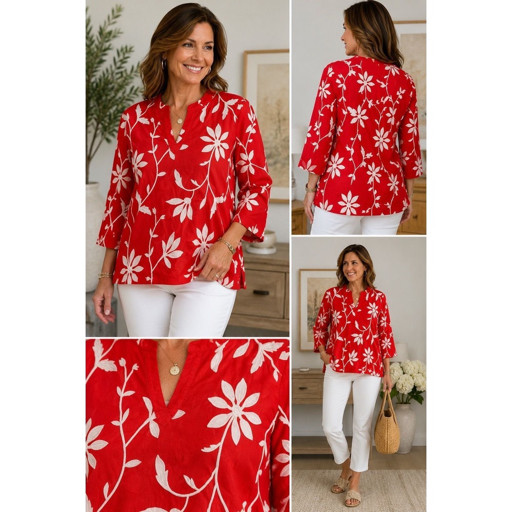 Talbots Petites Size 8 Red Floral Embroidered Tunic Top V Neck 3/4 Sleeve